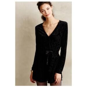 Saylor Velvet Burnout Romper Women's M Black Long Sleeve Sheer Cross Front